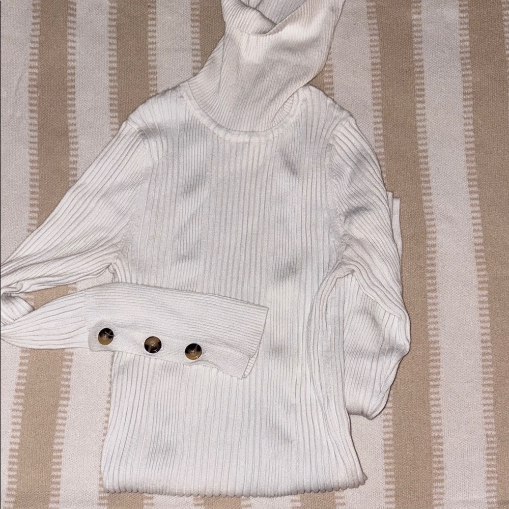 Anthropologie White Cowl Neck Sweater with Cozy Ribbed Knit